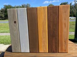 We offer several stock stain colors for your handcrafted furniture.
From Left to Right:
1. Weathered Cypress***
2. Coastal Gray
3. Brown
4. Natural
5. Redwood
6. Cedar
If you choose Weathered Cypress, there will be an additional charge of 15% based on the price of the piece of furniture. There are 3 steps required for proper processing of this stain.
If you prefer any other stain color, the additional cost will be added to your invoice.